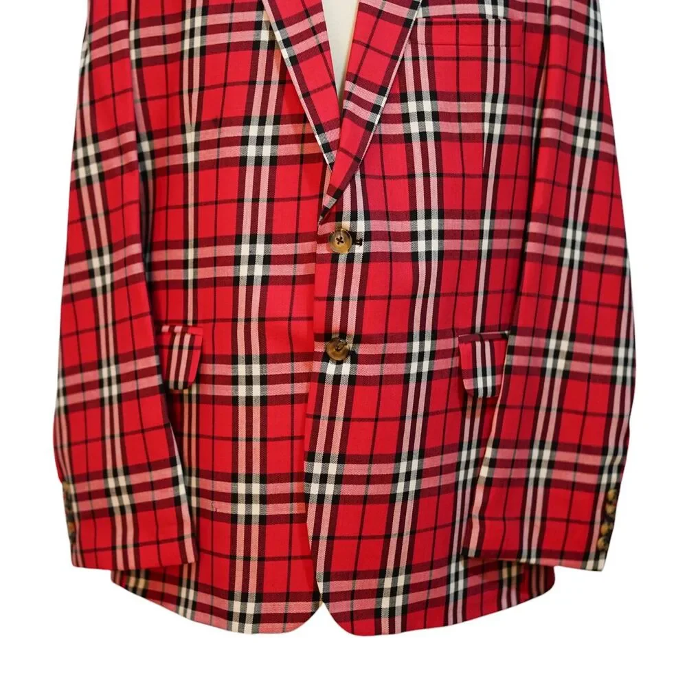 Mens Wool Sport Coat 44R Red Black White Tartan Plaid Blazer 2 Button Classic